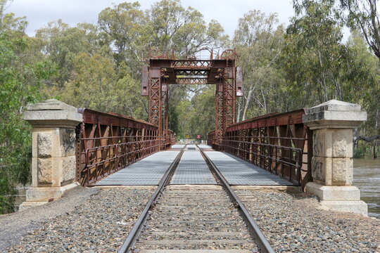 The Heritage listed Tocumwal vertical lift. railway bridge over the Murray River