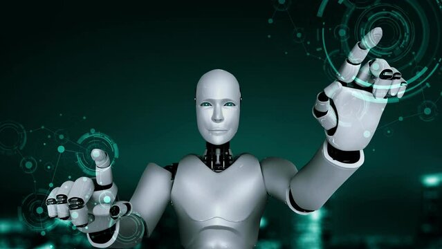 Futuristic robot artificial intelligence huminoid AI programming coding technology development and machine learning concept. Robotic bionic science research for future of human life. 3D rendering.