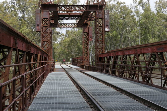 A close up of the Vertical Lift section on the Heritage lIsted Tocumwal railway bridge over the Murray River