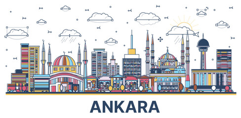 Obraz premium Outline Ankara Turkey City Skyline with Historic Colored Buildings Isolated on White.