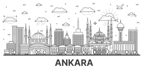 Outline Ankara Turkey City Skyline with Historic Buildings Isolated on White.