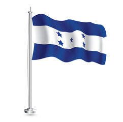 Honduras Flag. Isolated Realistic Wave Flag of Honduras Country on Flagpole.