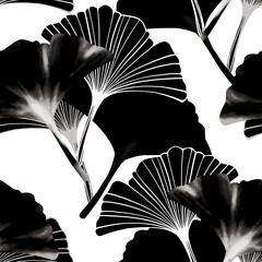 Black and White Ginkgo biloba leaves seamless pattern. Hand drawn digital illustration. White background.