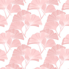 Pink Ginkgo biloba leaves seamless pattern. Hand drawn digital illustration. White background.