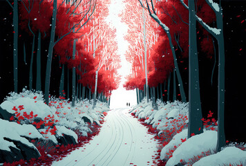 A snow covered road leads through a forest with greenery and scarlet leaves. Generative AI