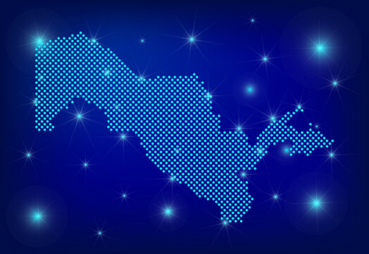 Uzbekistan map in blue. Dotted map. Dots Uzbekistan map with spotlights on dark blue background.  Global social network.  Blue futuristic background with Dotted map . EPS10