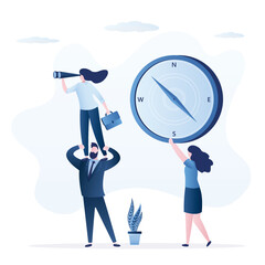 Colleagues or entrepreneurs choose right direction for business. People use binoculars and compass for finding route, search for right way of business development. Global vision. Teamwork.