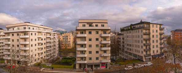View from the cliff Kungsklippan, down town apartment houses and offices a winter day with dark...
