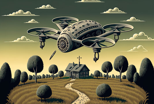 A gray drone is circling a rural area. Generative AI