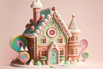 Gingerbread House on a Light Pink Background with Icing, Manion, Gumdrops, Lollipops, Peppermints, Sprinkles, Candy, Candycane, Taffy, Isolated on Pink Background, Generative AI