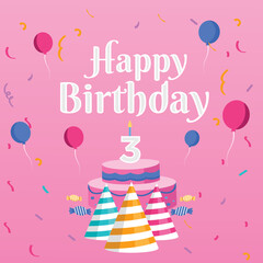 Birthday cake with candles. Bday of the baby 3rd year. Anniversary of the child. Festive greeting card. birthday cake with cream on a pink background. Happy birthday