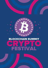 Crypto Festival. Blockchain Summit. Digital money and smart online technology. Finance, banking and business illustration. Cryptocurrency mining. Bitcoin logo. Flat design. Vector poster