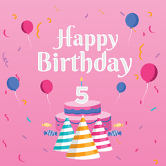 Birthday cake with candles. Bday of the baby 5th year. Anniversary of the child. Festive greeting card. birthday cake with cream on a pink background. Happy birthday