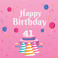 Birthday cake with candles. Bday of the baby 41st year. Anniversary of the child. Festive greeting card. birthday cake with cream on a pink background. Happy birthday