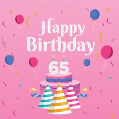 Birthday cake with candles. Bday of the baby 65th year. Anniversary of the child. Festive greeting card. birthday cake with cream on a pink background. Happy birthday