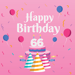 Birthday cake with candles. Bday of the baby 66th year. Anniversary of the child. Festive greeting card. birthday cake with cream on a pink background. Happy birthday