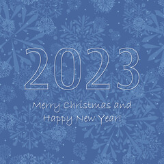 2023 happy new year. vector illustration. white text on blue winter repetitive background with snowflakes. festive template on seamless pattern for greeting card, banner, invitation