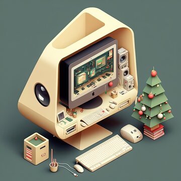 3D MUJI Japan style, Christmas tree With Personal Computer, Music Speakers and Keyboard