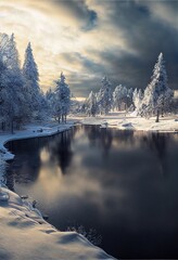 Fototapeta na wymiar Snowcapped trees at the river. Beautiful winter landscape. Generative art