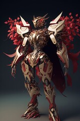 Obraz premium red and ivory scifi mech suit, metal floral armor, mech design complex, mech diffuse light, holographic text, combat pose, dynamic pose, dramatic pose, black silk with weaved golden filigree cape