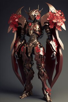 red and ivory scifi mech suit, metal floral armor, mech design complex, mech diffuse light, holographic text, combat pose, dynamic pose, dramatic pose, black silk with weaved golden filigree cape