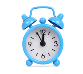 Blue alarm clock isolated on transparent background, PNG.