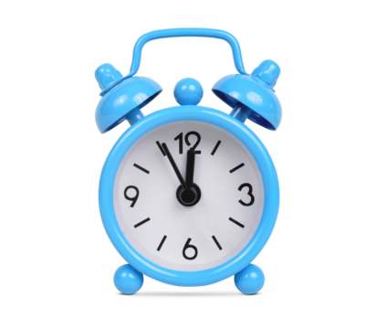 Blue alarm clock isolated on transparent background, PNG.
