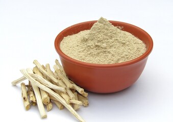 Asparagus racemosus or shatavari roots powder in a bowl 