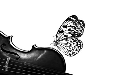 music concept. bright butterfly and violin on a white background, black and white