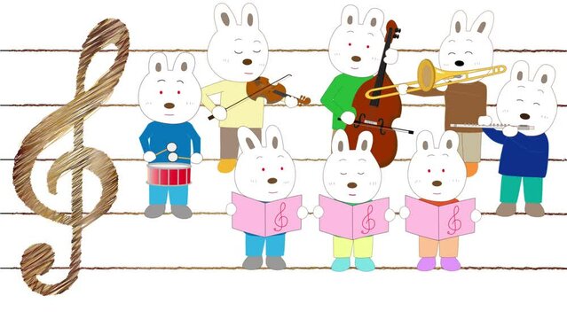 ２０２３年の新年の挨拶の動画素材。ウサギが新年を祝って歌を歌ったり楽器を演奏したりしている。