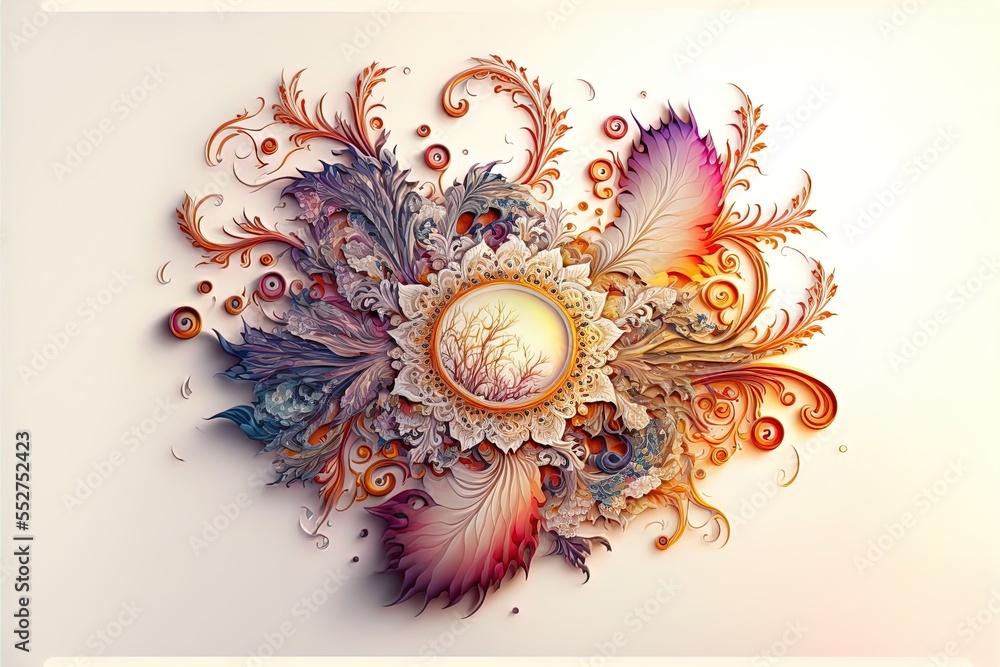 Poster a colorful flower with a white background and a white frame around it with a picture of a tree in th