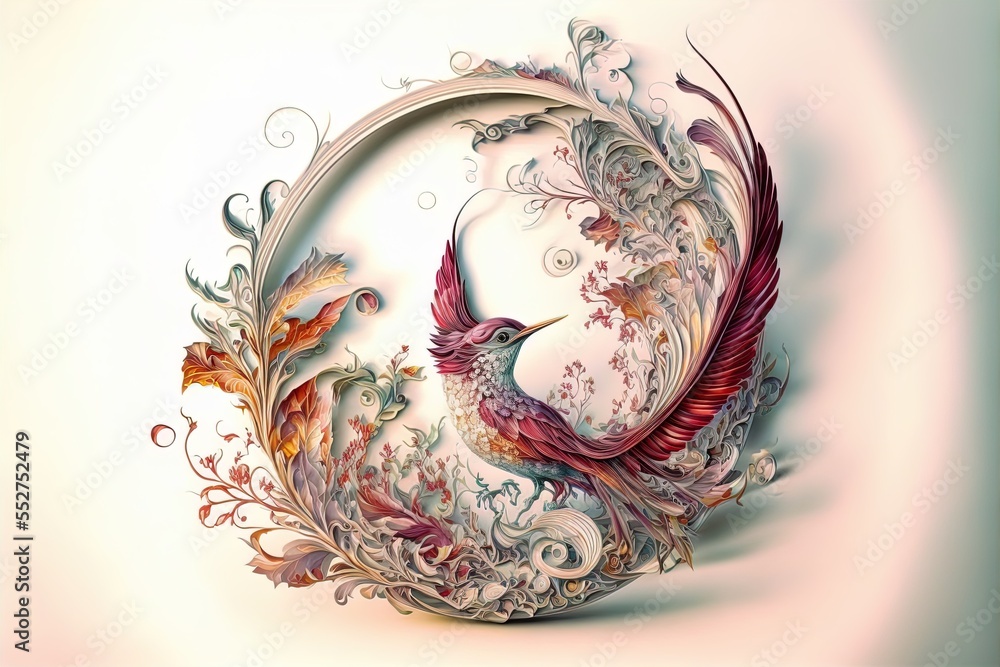 Poster a painting of a bird with a swirly design on it's back side and a circular frame. generative ai