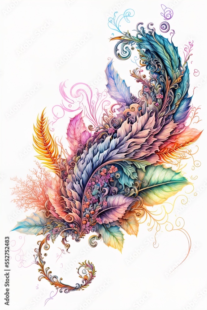Poster a drawing of a colorful feather with swirls and leaves on it's back side. generative ai