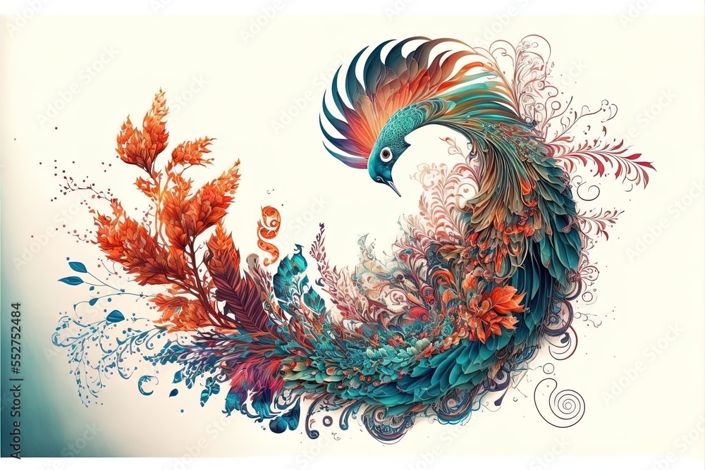 Poster a colorful bird with feathers and flowers on it's back side. generative ai