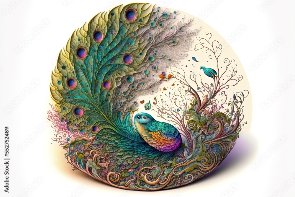 Poster a peacock with a colorful tail sitting in a circular frame with a white background and a white backg