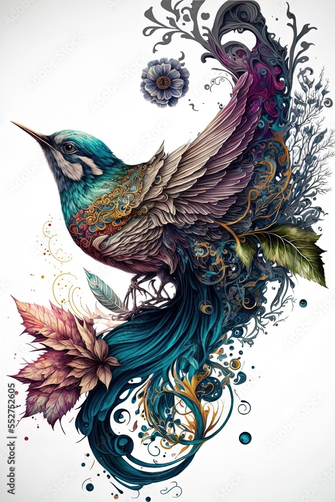Poster a bird with a flower on its back and wings on its back. generative ai