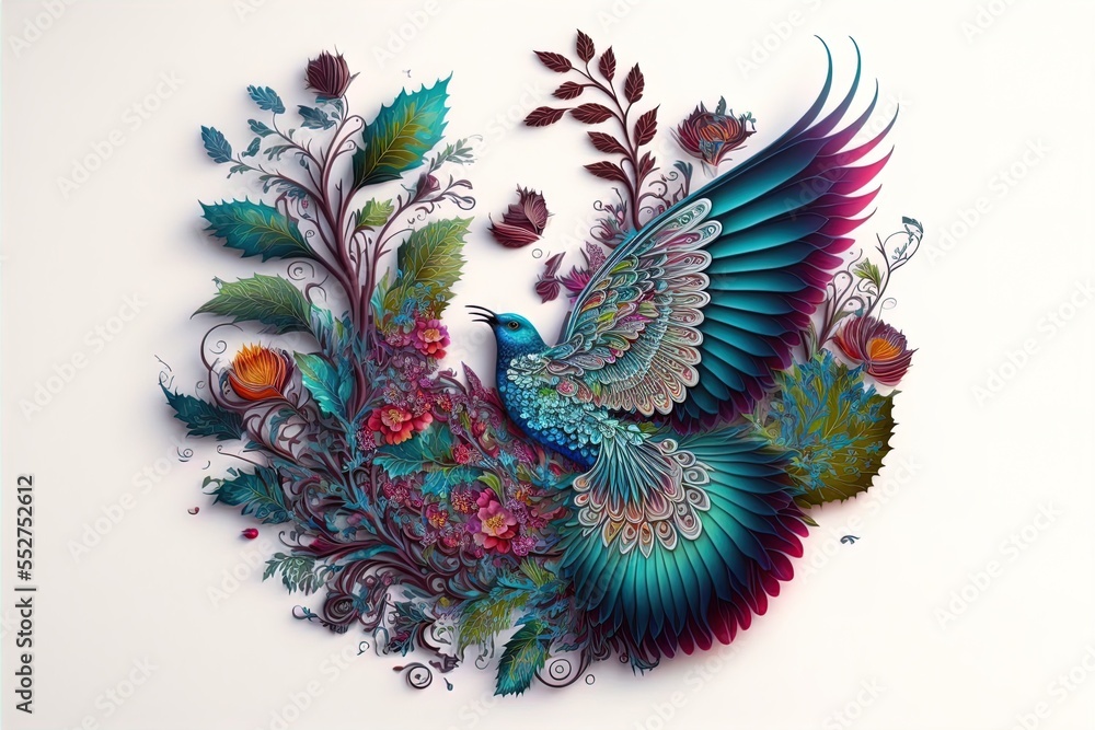 Poster a colorful bird with many feathers and flowers on it's back side. generative ai