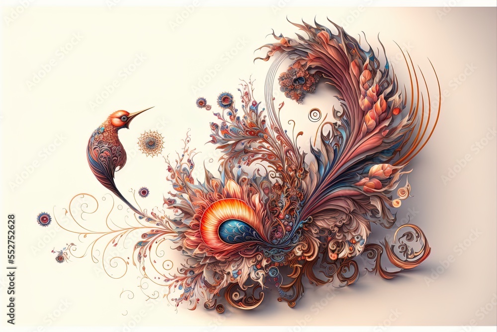 Poster a painting of a bird with a clock on its back and a flower on its back. generative ai