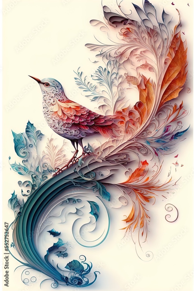 Poster a bird sitting on top of a tree branch with leaves and swirls around it's body and wings. generative