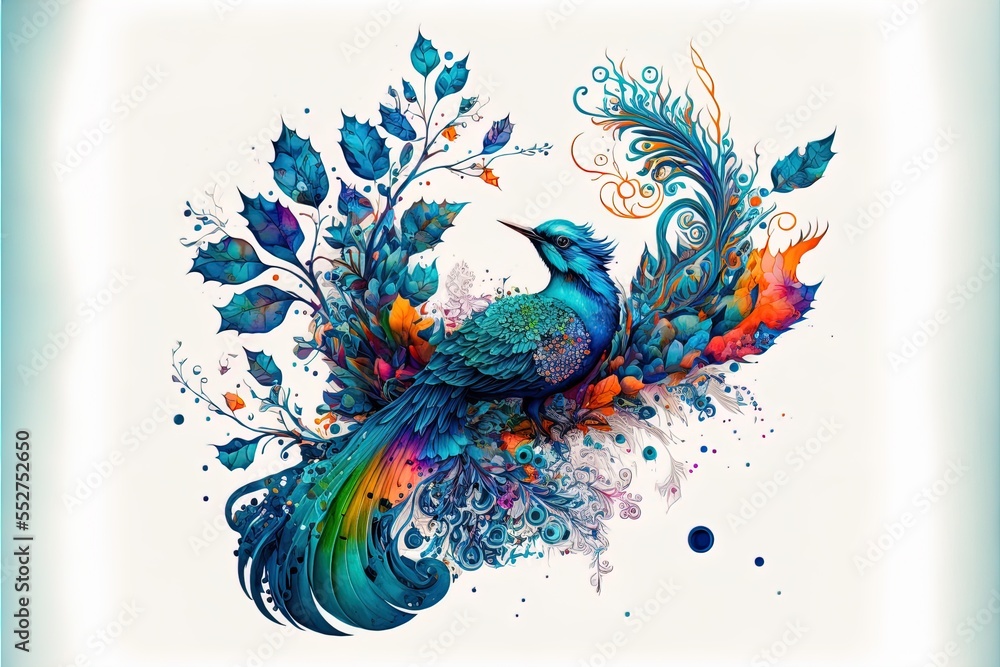 Poster a colorful peacock with feathers and leaves on a white background with a blue border around it and a