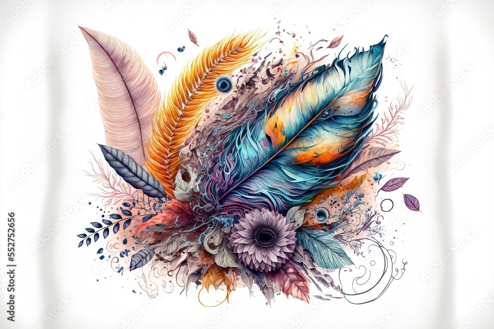 Poster a drawing of a feather with flowers and feathers on it's side. generative ai