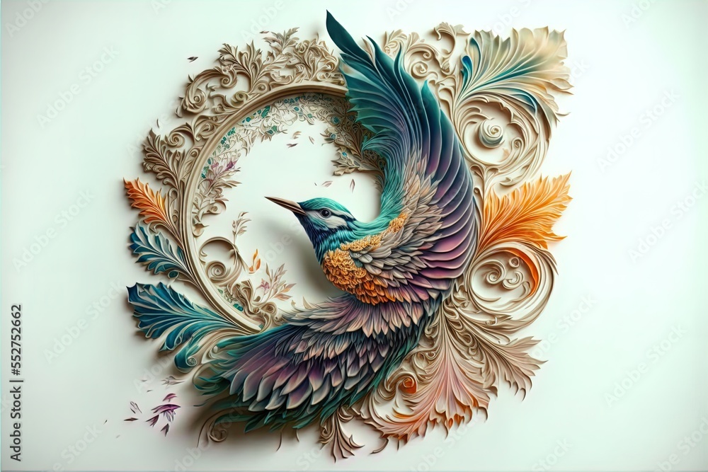 Poster a colorful bird is sitting on a circular object with intricate designs on it's wings and back legs. 