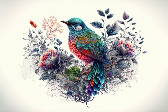  a bird sitting on top of a flower filled plant filled with leaves and flowers on a white background with a blue border. Generative AI