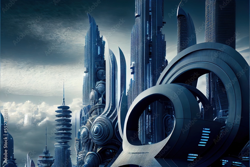 Poster a futuristic city with a futuristic clock tower in the background and a cloudy sky in the background