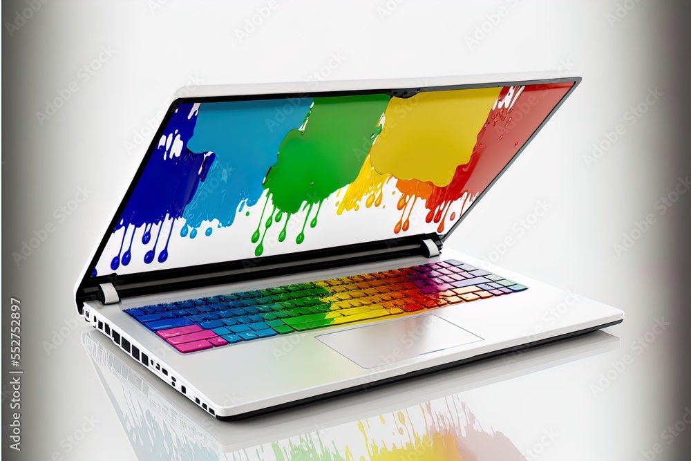 Poster a laptop with a rainbow paint splash on the screen and keyboard on the screen. generative ai