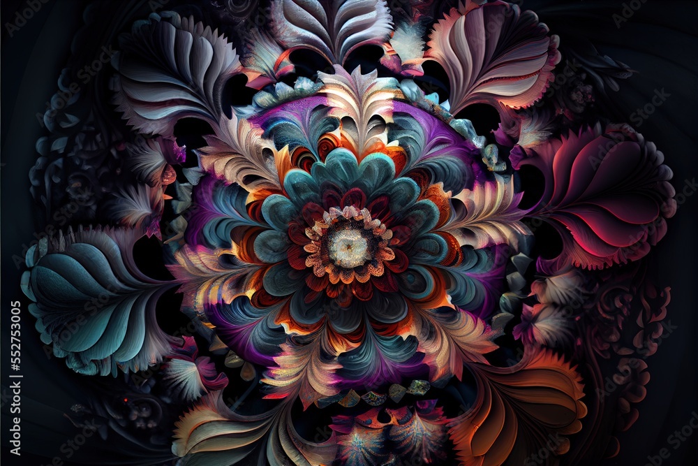 Poster a colorful flower with many leaves on it's petals and petals are arranged in a circular pattern on a