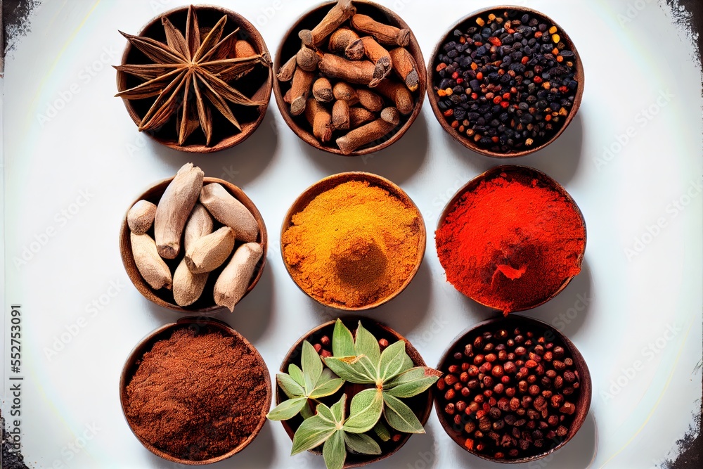 Poster a white plate topped with different types of spices and herbs in bowls next to each other on a table