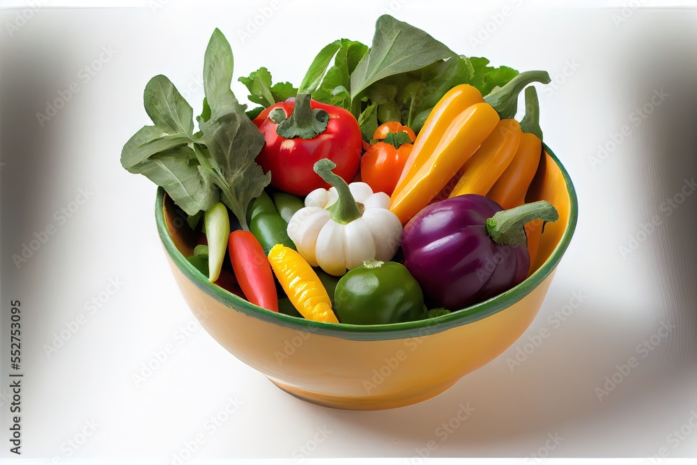 Poster a bowl of vegetables is shown on a white surface with a shadow of the bowl in the background and a w