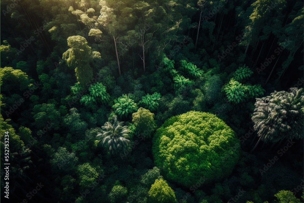 Poster a lush green forest with trees and a sun shining through the trees on the top of the trees is a roun