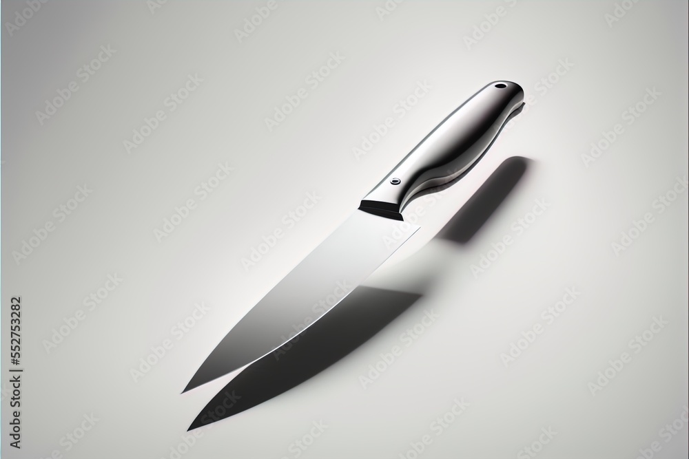 Poster a knife with a black handle on a white background with a shadow of the knife on the table and the kn